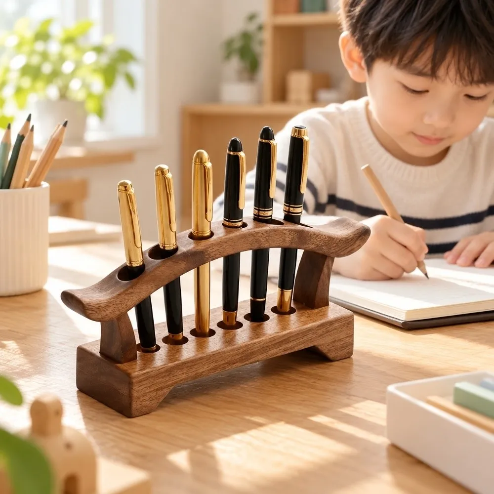 6 Slot Wooden Pen Holder Multifunction Simple Pencil Display Shelf Creative Saving Space Toothbrush Stand Office/School