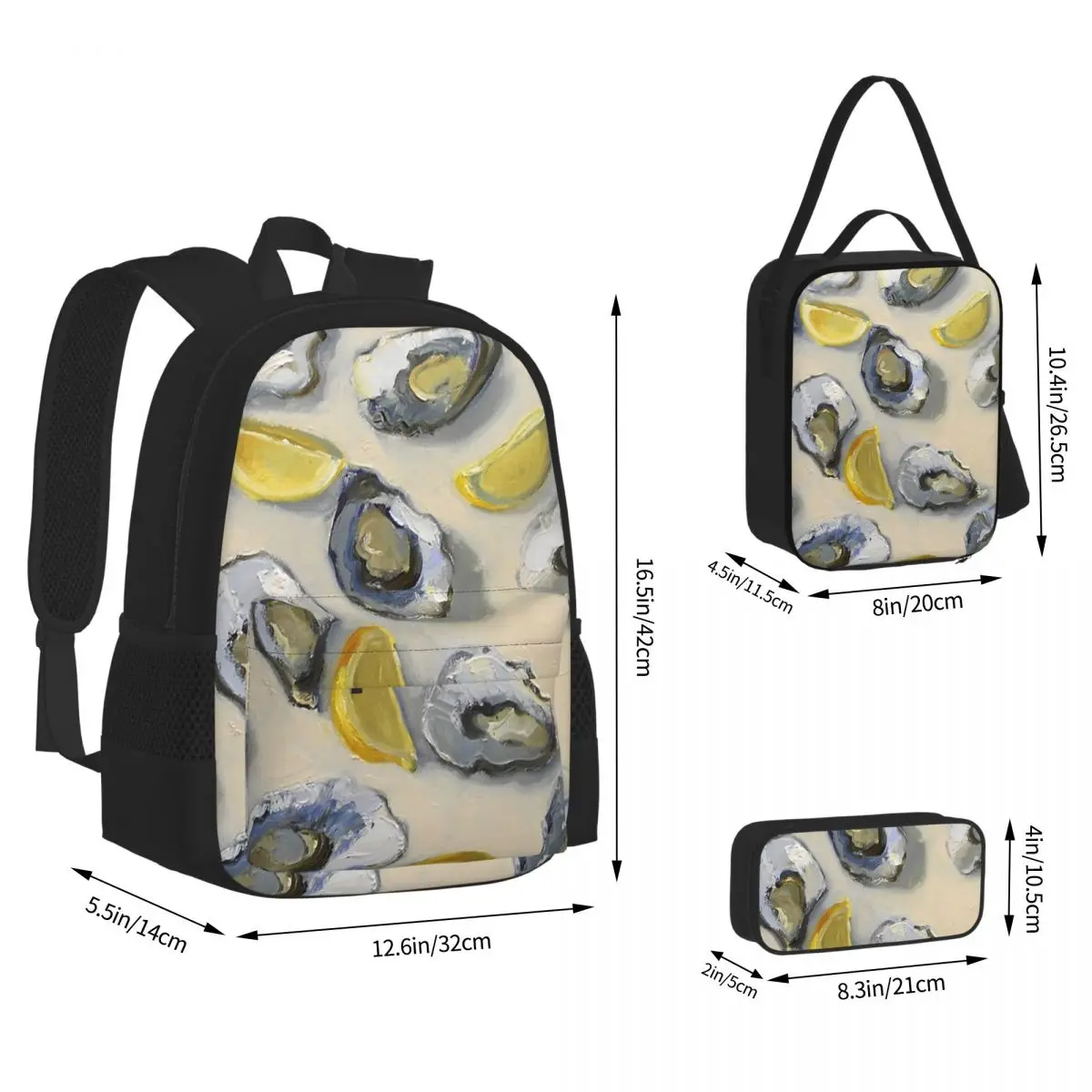 Australian Oysters And Lemons Still Life Backpacks Students Bookbag School Bags Kids Rucksack Lunch Bag Pen Bag Three-Piece Set