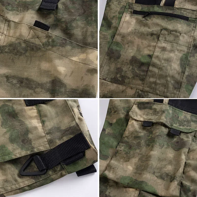 Letni szybkoschnący zestaw outdoorowy męski Ruins Camo wodoodporny mundur treningowy Color Block topy taktyczne + kombinezon z wieloma kieszeniami