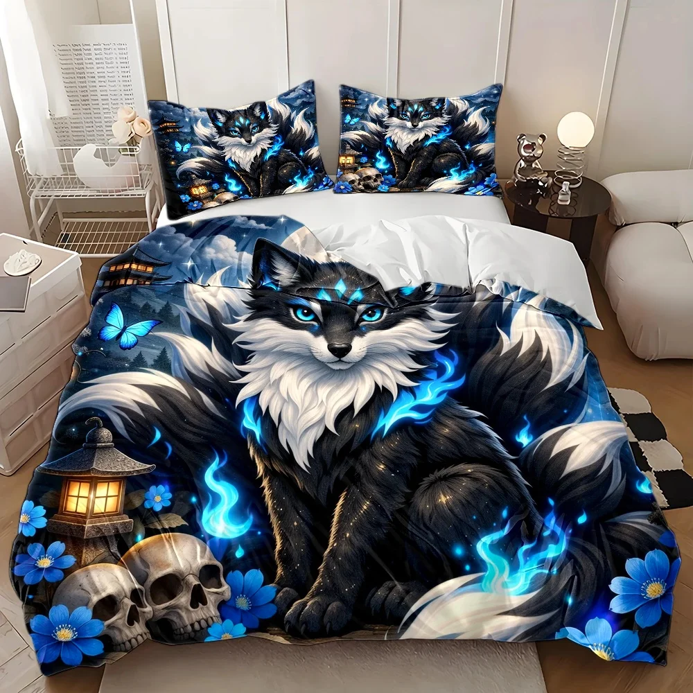 3Pc Mysterious Nine-Tailed Fox Duvet Cover Set, Three-Piece Bedding Set (1*Duvet Cover + 2*Pillowcases), Suitable for All Seasons, Machine Washable, Invisible Zipper Personal Bed Cover, Japanese Style Ancient Blue Flame Fox Bedding, Suitable for Home, Dormitory, Master Bedroom, Guest Room, Large Duvet Cover Bedding Set, Dreamy Starry Sky Skull Floral Print, Comfortable and Skin-Friendly, Easy-To-Care Bed Cover Set, Hot-Selling Anime Style Three-Piece Bedding Set 2D Flat Print view 5