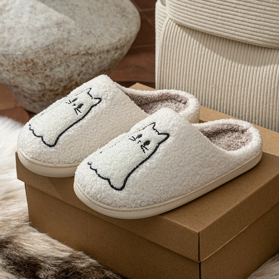 Fashion Cute Line Cat Exquisite Women's Slippers Embroidery Winter Indoor Warm Soft Sole Comfy Bedroom Couple Home Shoes