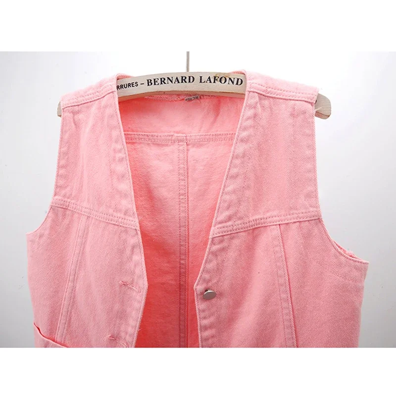 

Spring Summer Fashion Pink Denim Vests Women Slim Short Casual Cowboy Outerwear Coat Korean V Neck Big Pocket Jeans Vest Female