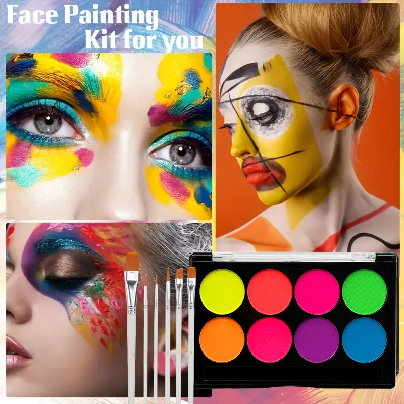 8色水性フェイスペイントキット 蛍光ネオンボディペイント 暗闇で光る 速乾性 ボディスキンコスプレメイク ステンシルとブラシ付き