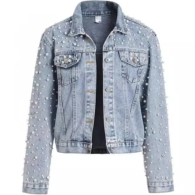

Women Denim Coat Jacket Diamonds Pearls Turn Down Collar Single Breasted Pockets Washed Vintage Streetwear Autumn Outerwear