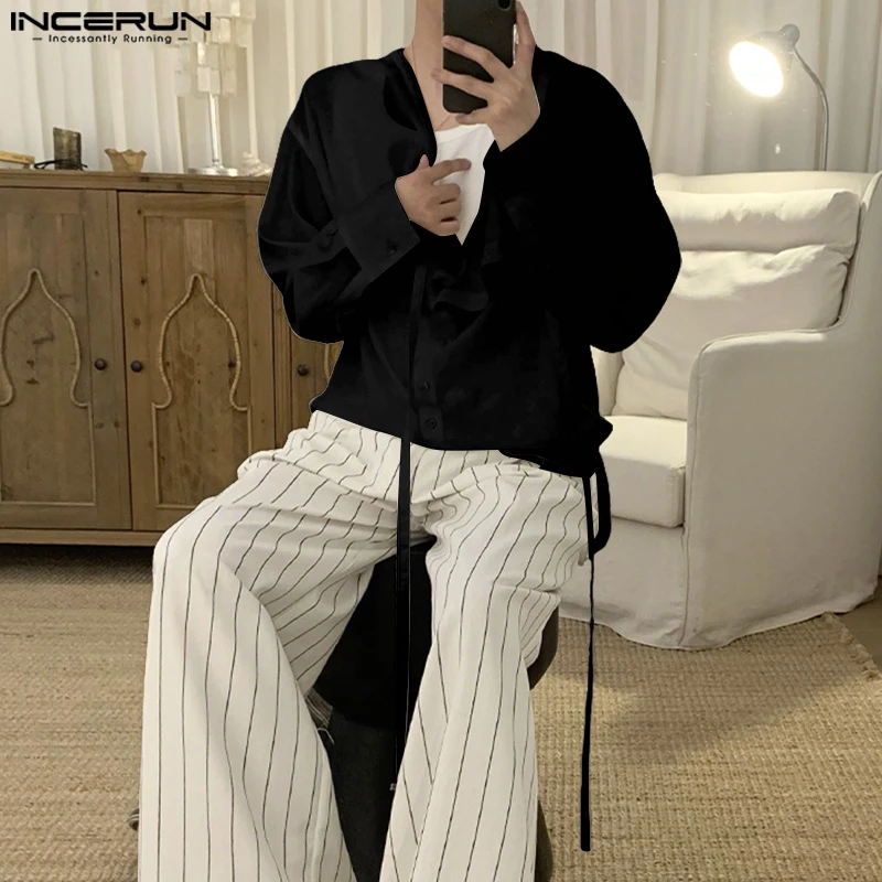 

INCERUN Мужская рубашка сплошной цвет с v-образным вырезом и длинным рукавом свободные повседневные мужские топы уличная одежда рубашки в корейском стиле 2025 модная мужская одежда