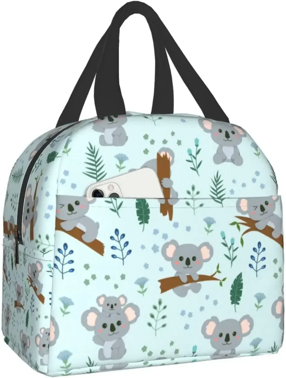 Koalas Insulated Lunch Bag with Front Pocket Reusable Cooler Tote with Zipper for Men Women Camping Hiking Picnic Beach Travel