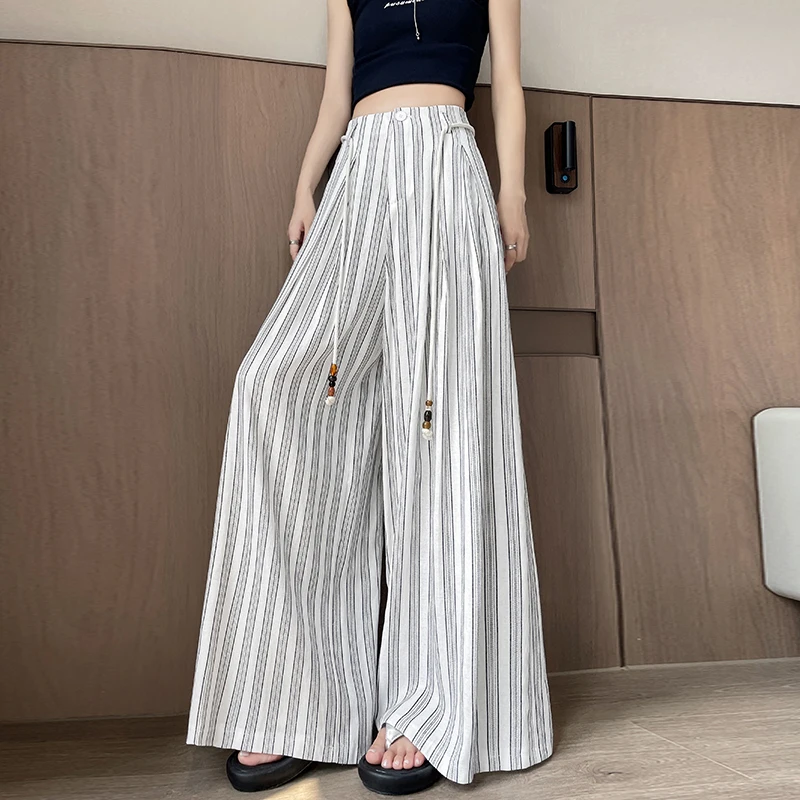 Ice Silk Cotton Linen Striped Wide Leg Pants for Women Summer Lazy Style Straight Leg Casual Trousers Women Sun Protection Pants