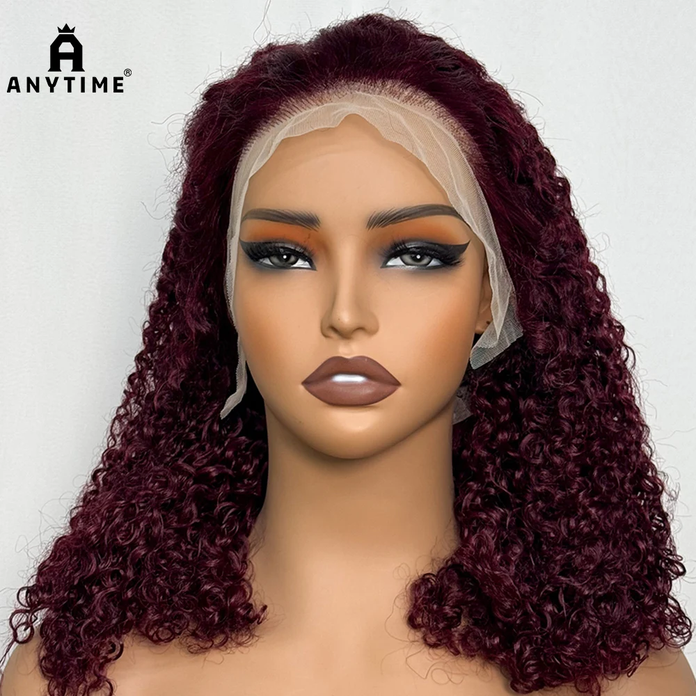 

300% Density Pixie Cut Kinky Curly Human Hair Wig 99J Color 13x4 Transparent Lace Front Human Hair Wig for Black Women 16 inch