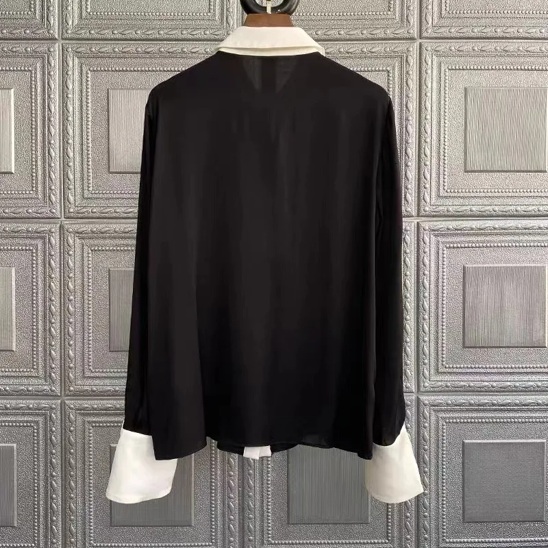 Imitation Silk Shirt Women Long Sleeve 2022 Spring New Black Contrast Color Satin Top