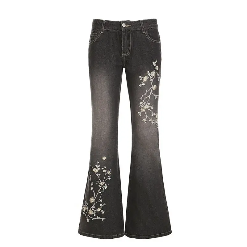 American Retro Jeans Women's High Street Spice Girls Slim Slim and Slim Pants Plant Embroidered Low-rise Trousers Design Sense