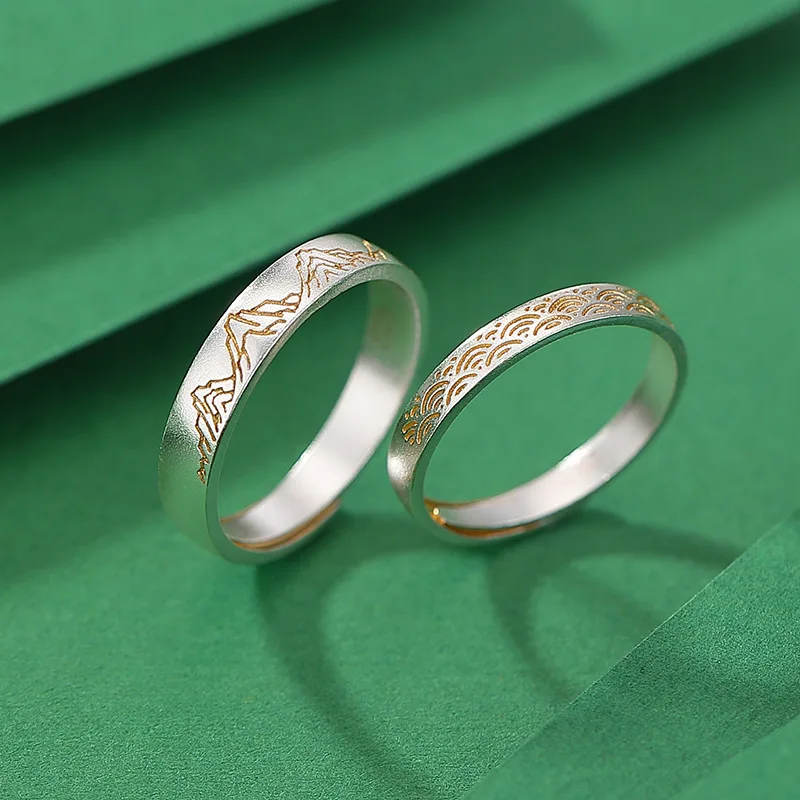 Amxiu Sterling Silver 999 Gold Plated Promise New Chinese Style Couple AB Version Design Sense Adjustable Ring