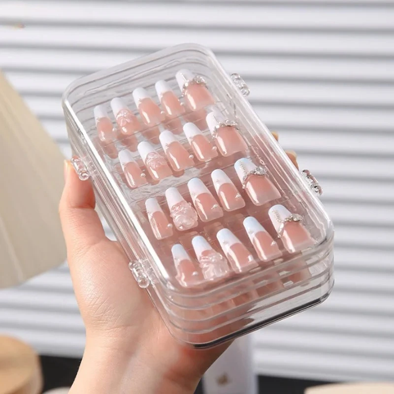Portable Three-Fold Press-On Nail Storage Boxes Clear Visible Plastic Nail Storage Box Nail Organizer For False Nails Display