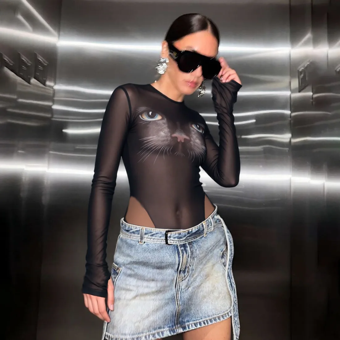 

Absobe сексуальное прозрачное сетчатое боди с кошачьим принтом, женский тонкий прозрачный комбинезон с длинными рукавами, осень-зима 2025, уличная одежда, наряд для вечеринки