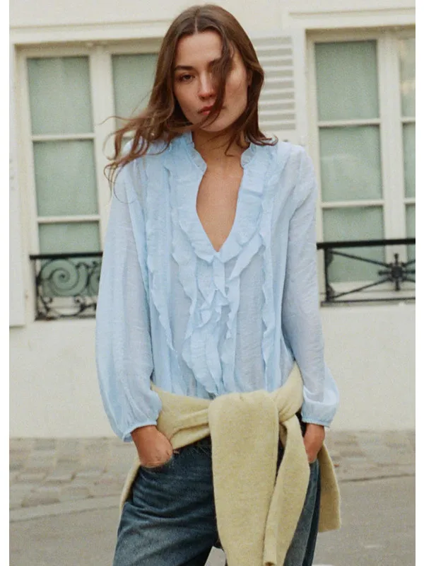 

Новая женская повседневная свободная блузка с длинным рукавом и V-образным вырезом, многослойная, с дизайном «деревянные ушки», универсальная, удобная, дышащая, весна-лето