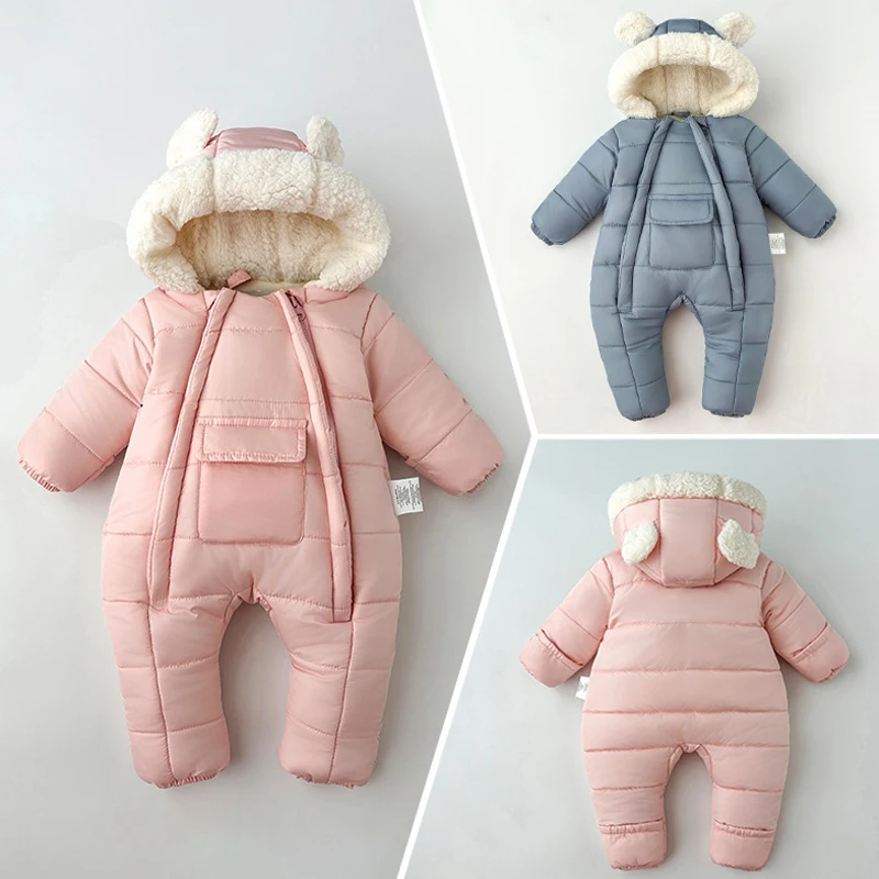 -30℃ Winter New Baby Boys Girls Rompers Solid Color Berber Fleece Lining Thick Warm Hooded Bodysuit For Kids One Piece Overalls