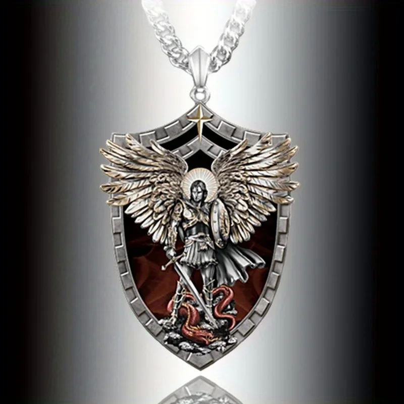 Fashion Mens Stainless Steel Guardian Angel Saint Michael Necklace - Majestic Warrior Pendant Fashionable Jewelry for Protection