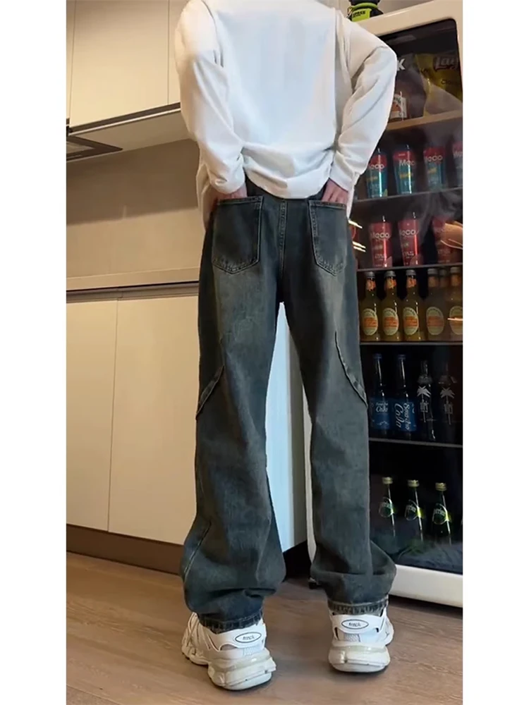 

Американские ретро-джинсы синего цвета для мужчин, прямые, с высокой талией, удлиненные, с отворотами, молодежные, весенние, модные джинсы