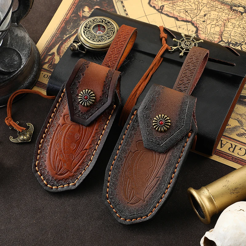 Portable Brown Fold Knife Scabbard Tool Flashlight Belt Loop Case Holder Leather Sheath Pocket Hunt Camp Outdoor Carry Equipment