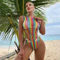 New Sexy Rainbow Net Bodystockings Women Elastic Underwear Lace Mesh Hot One Piece Full Body Bodysuits Costumes Erotic Set