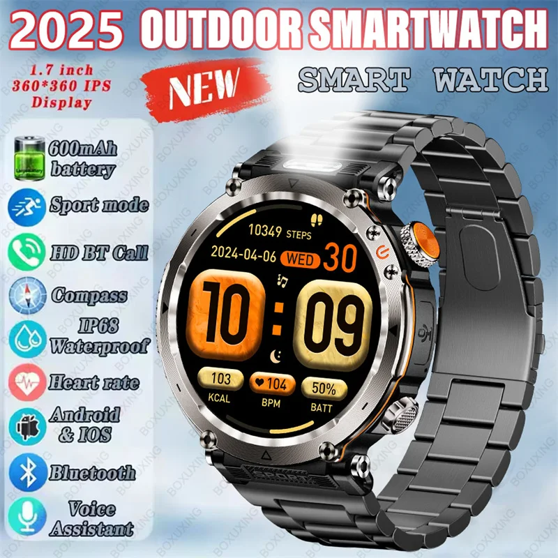 

2025 Новые уличные умные часы для мужчин 600 мАч светодиодный фонарик SmartWatch Компас Bluetooth вызов Пульсометр IP 68 Спортивные умные часы 2025