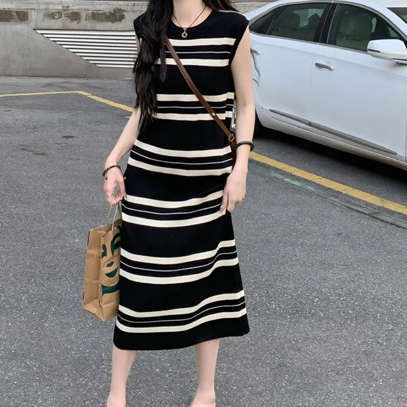 Mid Length Striped Dress Women Vest Dresses Knitted Vestidos Y2k Streetwear Round Neck Sleeveless Elegant Party Work Summer