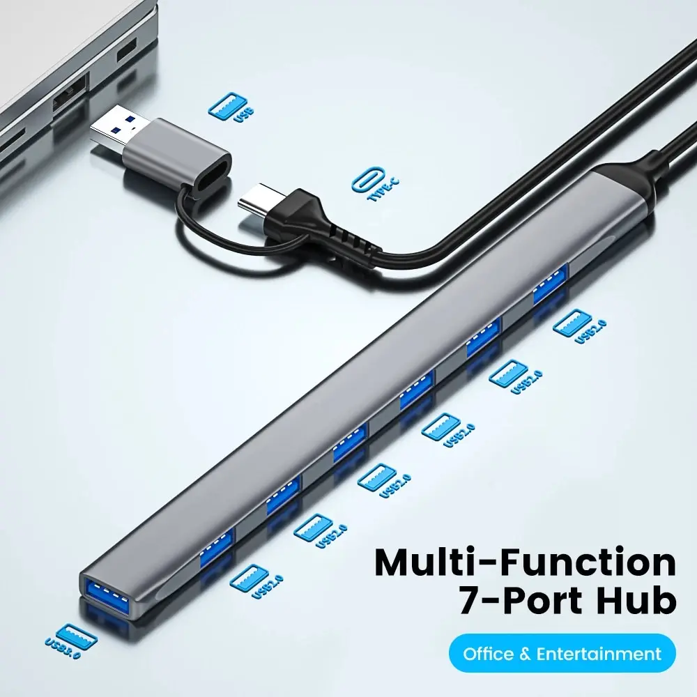 7 in 1 USB Type C HUB 7 Port USB3.0 2.0 Multi Splitter Extender USBC HUB Converter Expander for Macbook Pro PC Computers Laptop