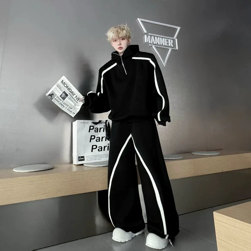Conjunto de Casaco e Calças com Zíper Estilo Y2K para Homens, Moda Chic e Tendência, Roupas de Inverno para Festas e Noites em Clubes