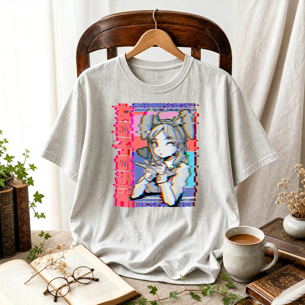 Glitch Effect Anime Girl Graphic T Shirt Japanese Harajuku Streetwear Kawaii Aesthetic Unisex Short Sleeve Cotton Summer Tops