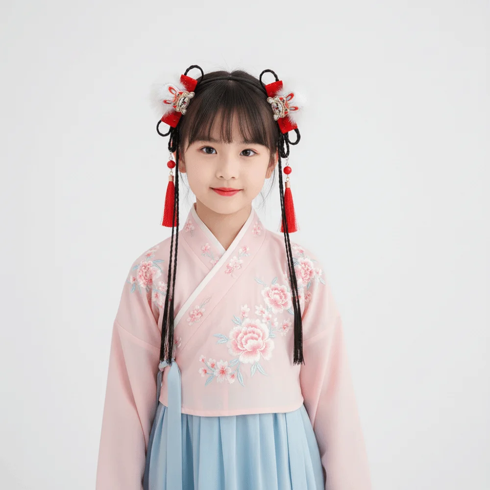 

Детский парик с милым цветком, повязка на голову с кисточками, новогодние аксессуары для волос в китайском стиле, красный головной убор ханьфу, косплей, выступление ханьфу