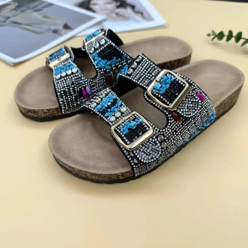 Ethnic Style Fashion Sandals Thick Bottom Wedge Cork Travel Shoes Outdoor Fashion Rhinestone New Women\'s Shoes Summer