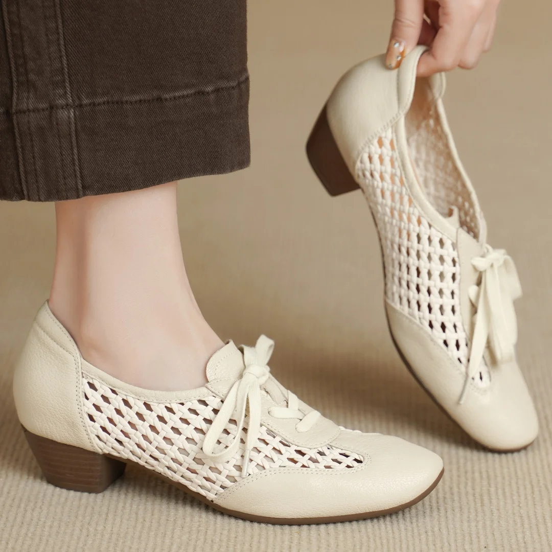

danxuefei women's sheepskin braided great PU leather patchwork square toe lace-up oxfords4cm thick med heel hollow-out shoes hot