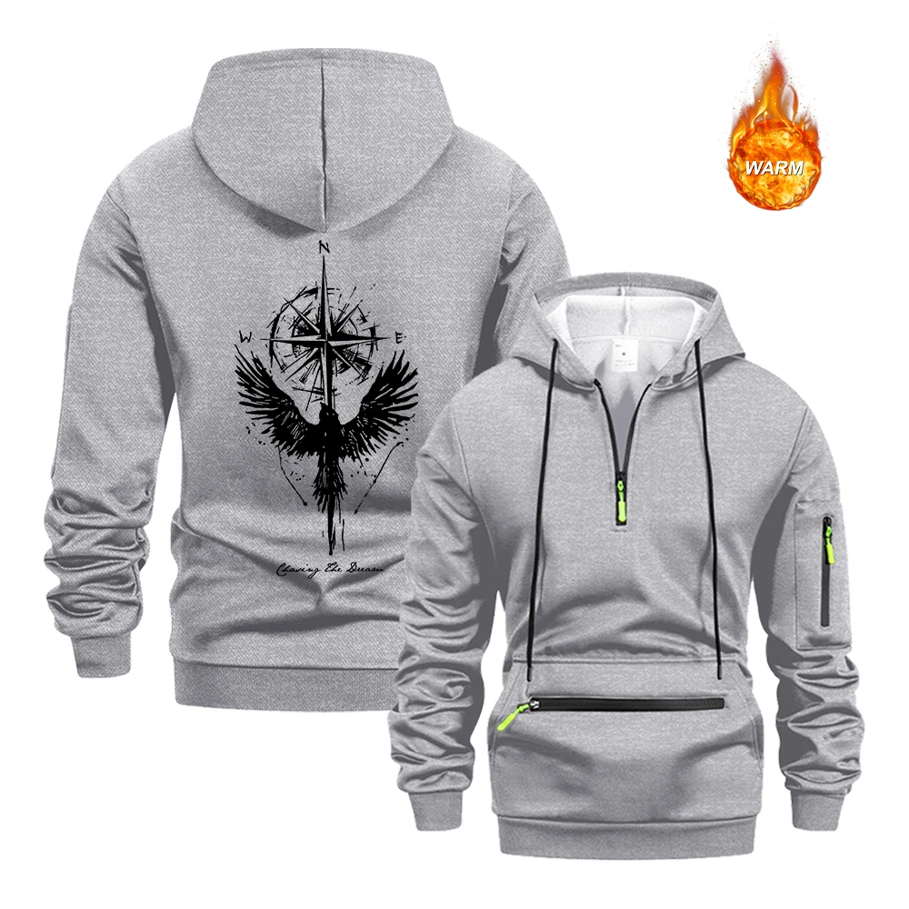 Men's Half Zip Hoodies With Crow And Compass Print Autumn Warm Pullover Sweatshirt With Zippered Pockets Everyday Commute Top