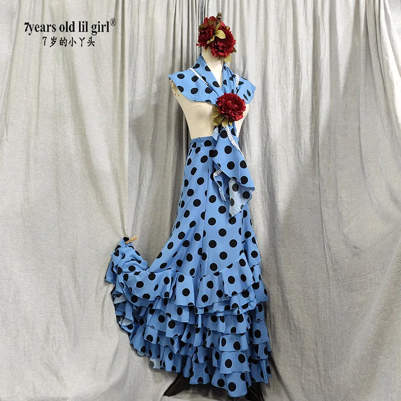 Blue Flamenco Spanish Dance Set Practice Skirt Multi-layered Dance Skirt Multiple Color Options