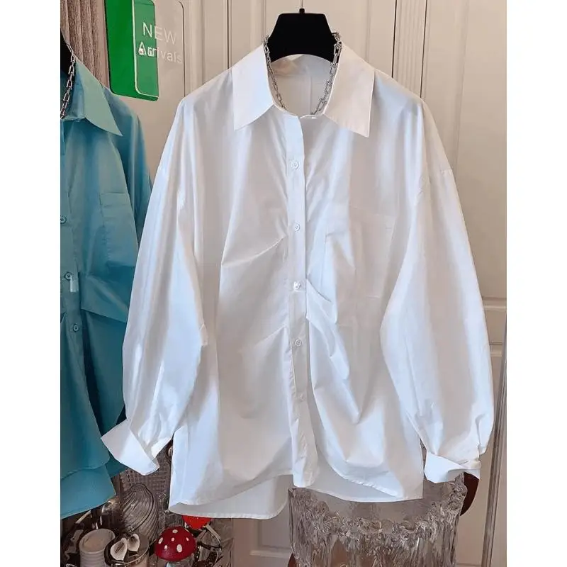 Geplooide patchworkblouse voor dames, casual shirt met lange mouwen en omslagkraag, eenvoudige effen kleur knooptop voor de herfst