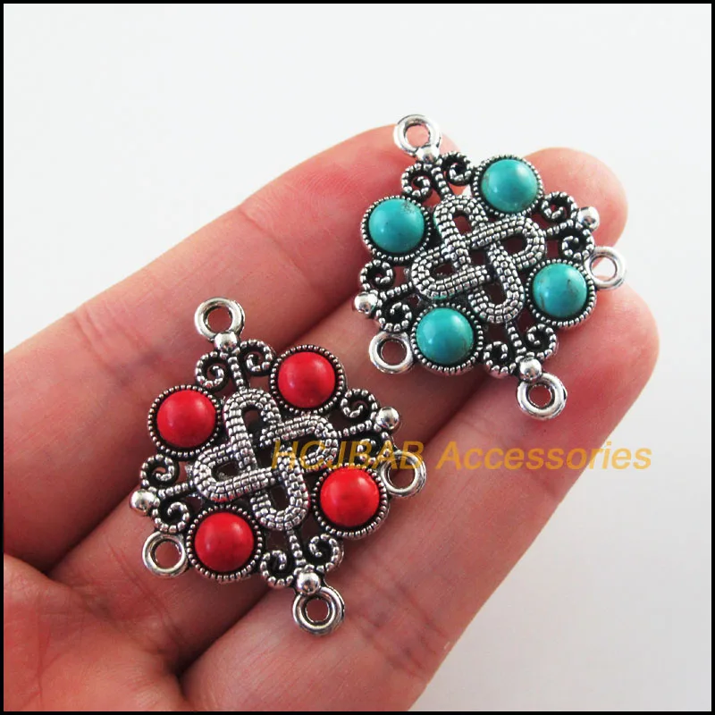 Fashion 4Pcs Retro Tibetan Silver Tone Chinese Knot Blue&Red Stone Charms Connectors 30x37mm