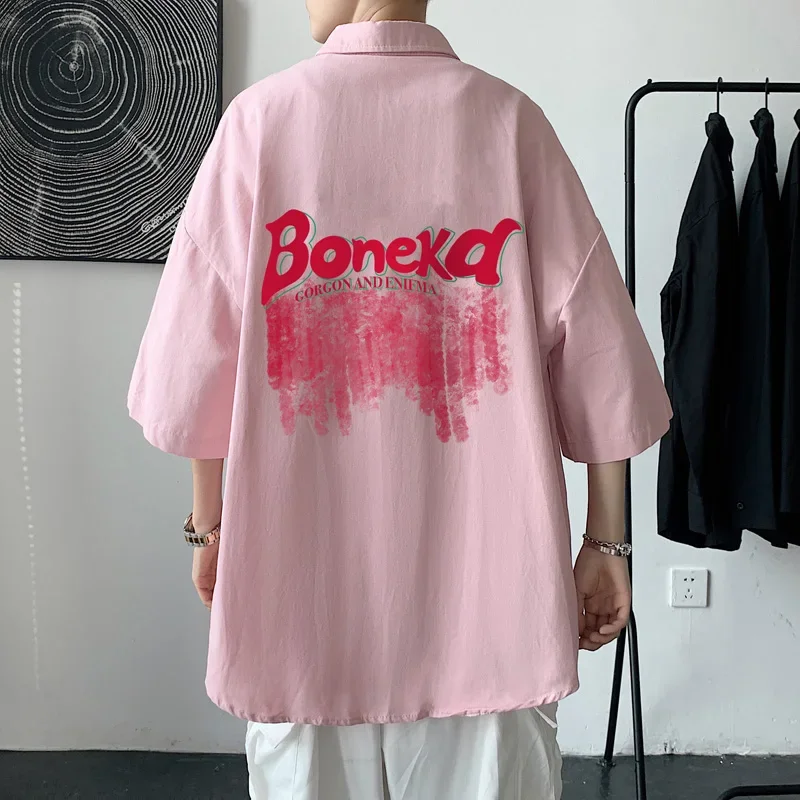 

Men's Oversized Shirts Print Fashion Mens Blouse Letter Pink 5xl Oversize Shirt Half Sleeves Casual for Men New Clothing