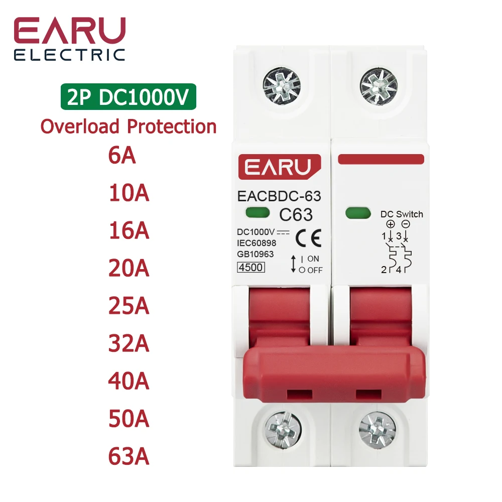 DC 1000V Solar Mini Circuit Breaker Overload Protection Switch 6A/10A/16A/20A/25A/32A/40A/50A/63A 2P DC1000V Photovoltaic MCB PV