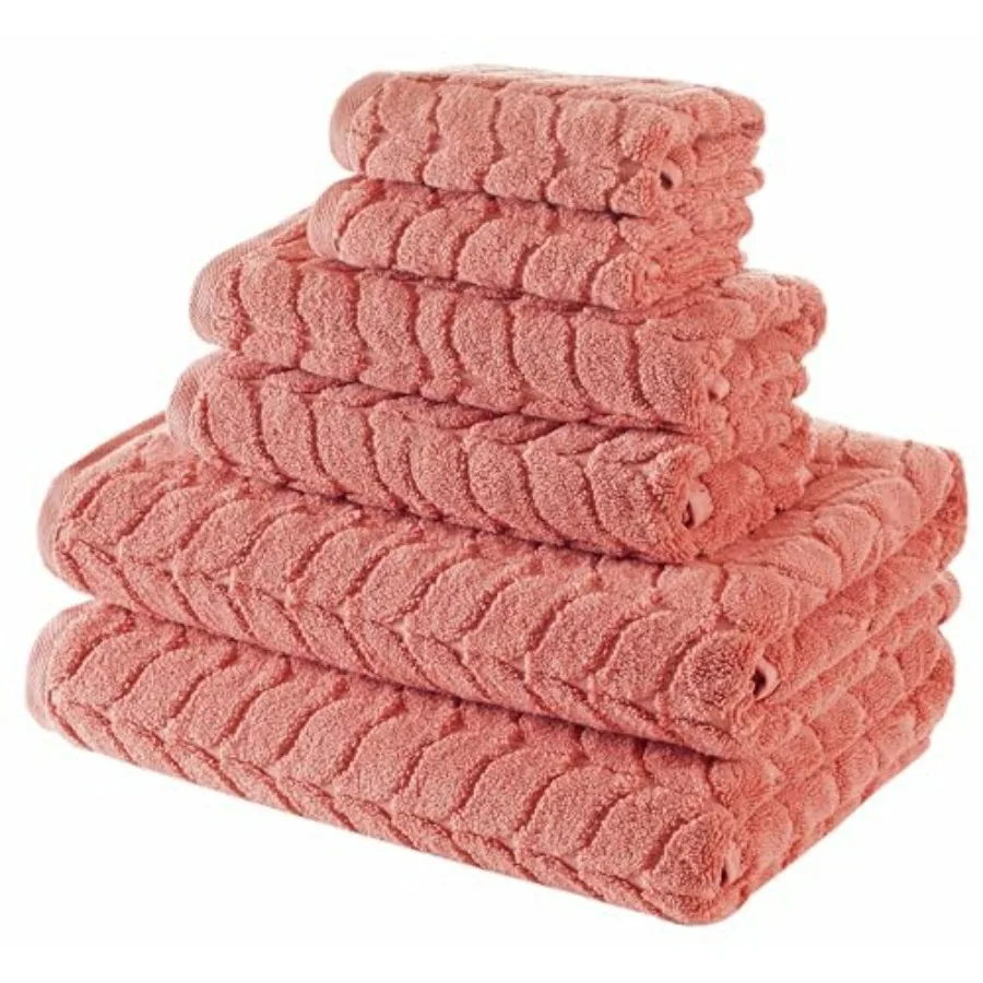 Turkish Cotton Bath Towels Set for Home Use, Coral Red Plush Jacquard Texture, Ultra-Soft Absorbent Luxury Towel Collection 6-P