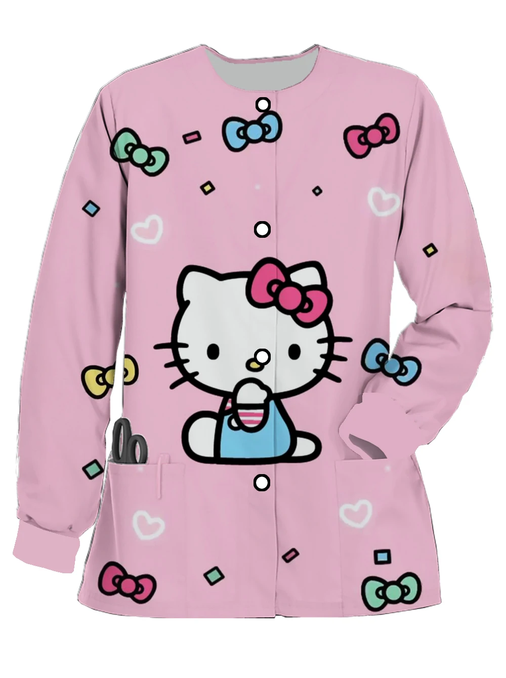 Hello Kitty printed women's spring and autumn button cardigan dentist work clothes long-sleeved frosted casual nurse uniform