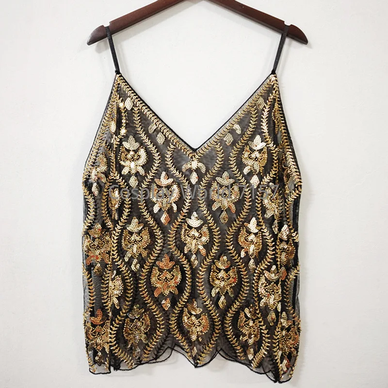 Elegant Gold Bead Sequin Mesh Camisole for Women, V Neck Slimming Sleeveless Tank Top, Fashion Glitter Layering Cami for Summer