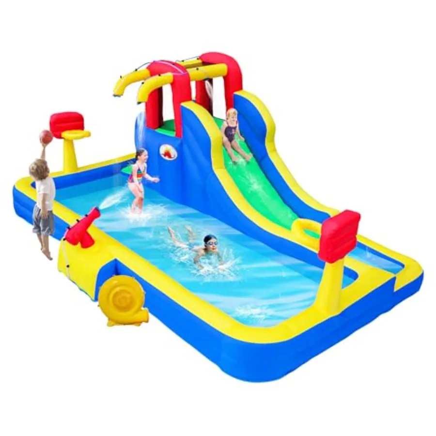 

Inflatable Water Park for Outdoor Use PVC Material Blue and Yellow Includes Blower Water Cannon and Dual Basketball Rings
