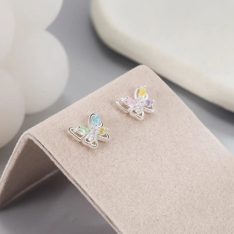 925 Sterling Silver Colorful Diamond Butterfly Earrings for Women Sweet Girl Heart Luxury Ear Studs Fashion Jewelry Gifts image 4