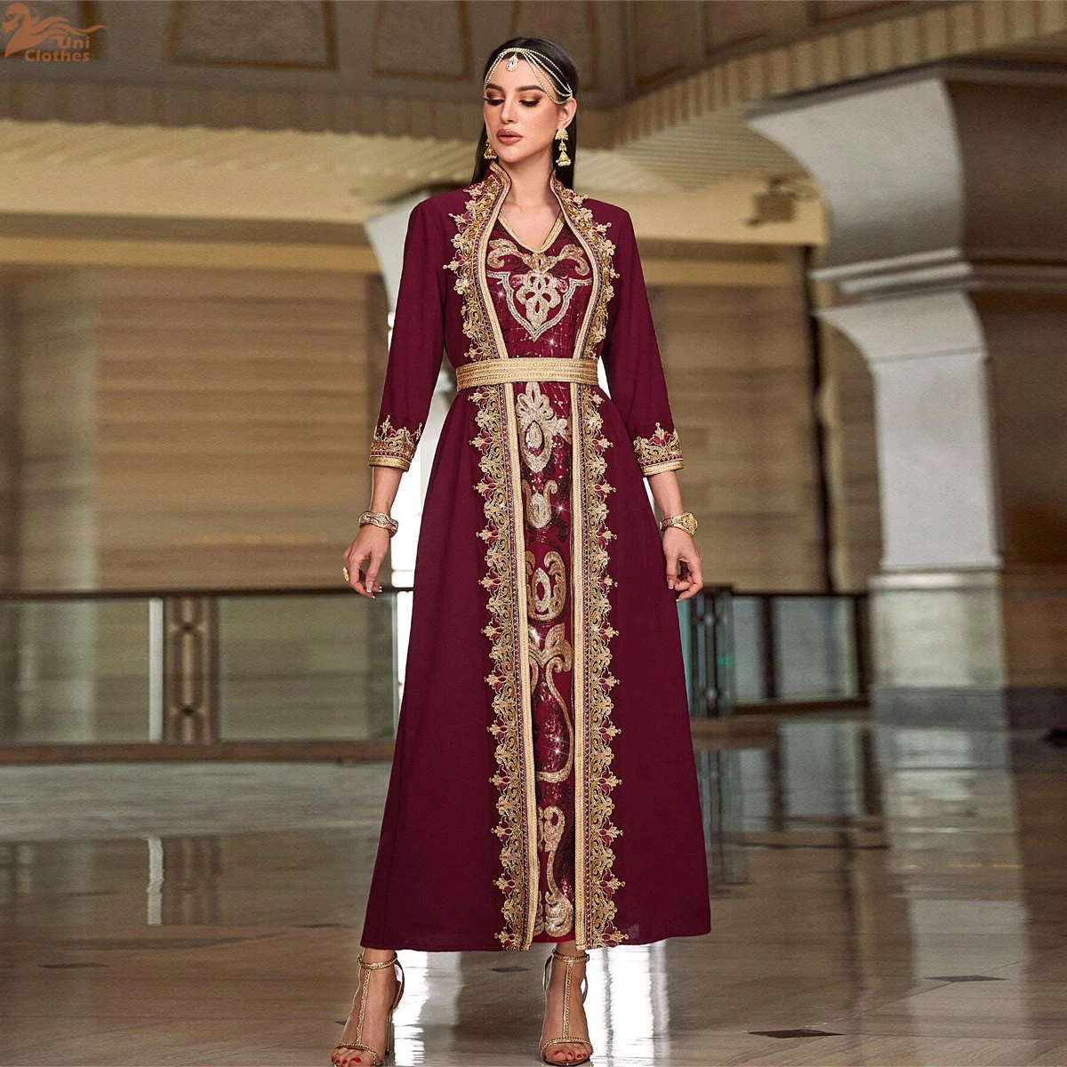 

Ramadan Dubai Elegant Embroidery Beading Maxi Dress Belt included Moroccan V-Neck Women Evening Dresses
