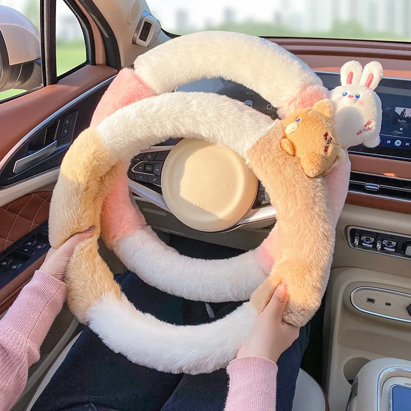 

New Car Steering Wheel Cover Winter Cartoon Cute Bear Rabbit Panda Plush Warm Handlebar Cover Decoration Car Accessories