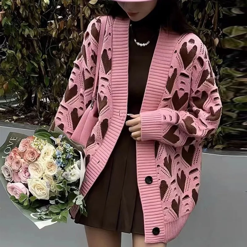 Color blocked winter checkered heart design lazy commuting knitted sweater cardigan jacket for women