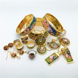Enamel Jewelry Set for Women Salute to Alice Pattern Gold Plated Bracelets Pendants Earrings Rings Bangle Lover's Gift Wholesale