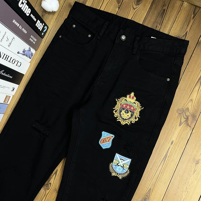 2024autumn new black embroidered printed jeans men's Stretch Slim fit skinny and all-matching trendy light luxury smart trousers