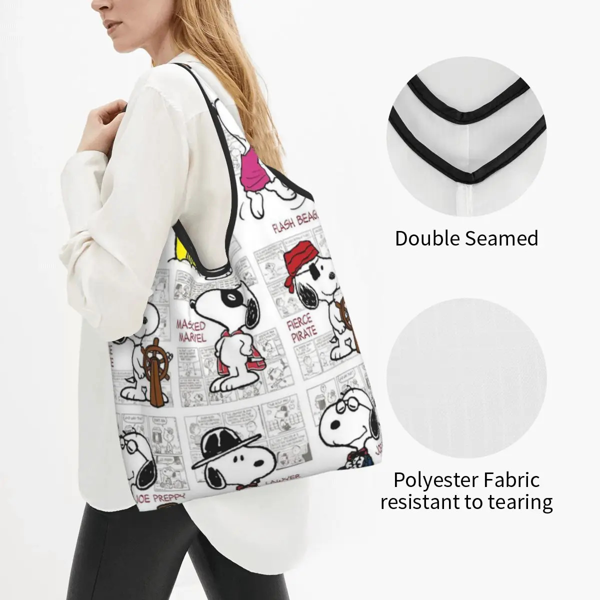 Peanuts Snoopy Cute Cartoon Grocery Bag Durable Large Reusable Recycle Foldable Heavy Duty Shopping Tote Bag Washable Pouch