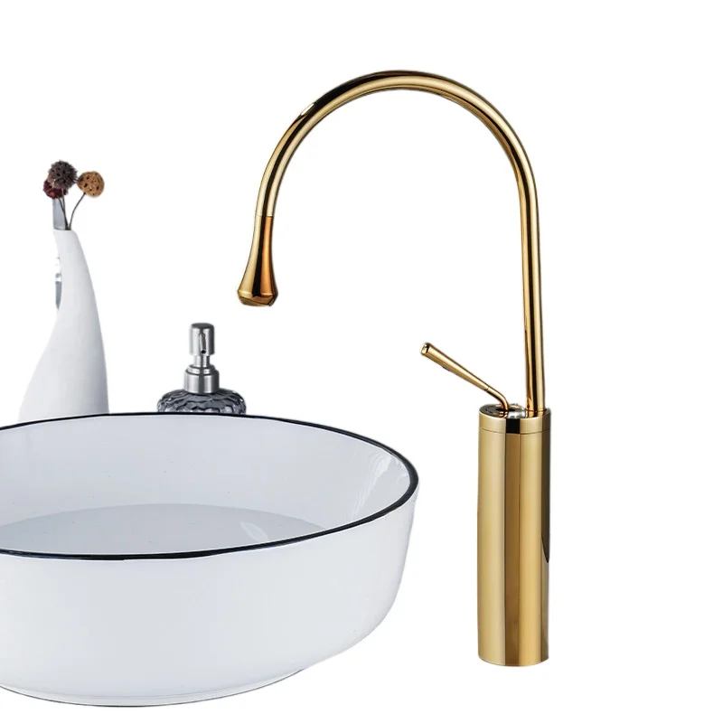 

Nordic gold all-copper light luxury countertop basin sink rotating bathroom hot and cold faucet water droplets