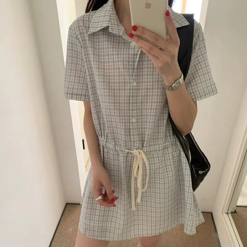 Estilo preppy curto xadrez camisa vestido feminino verão cordão cintura mini vestidos meninas vestido de verão feminino roupas 2025